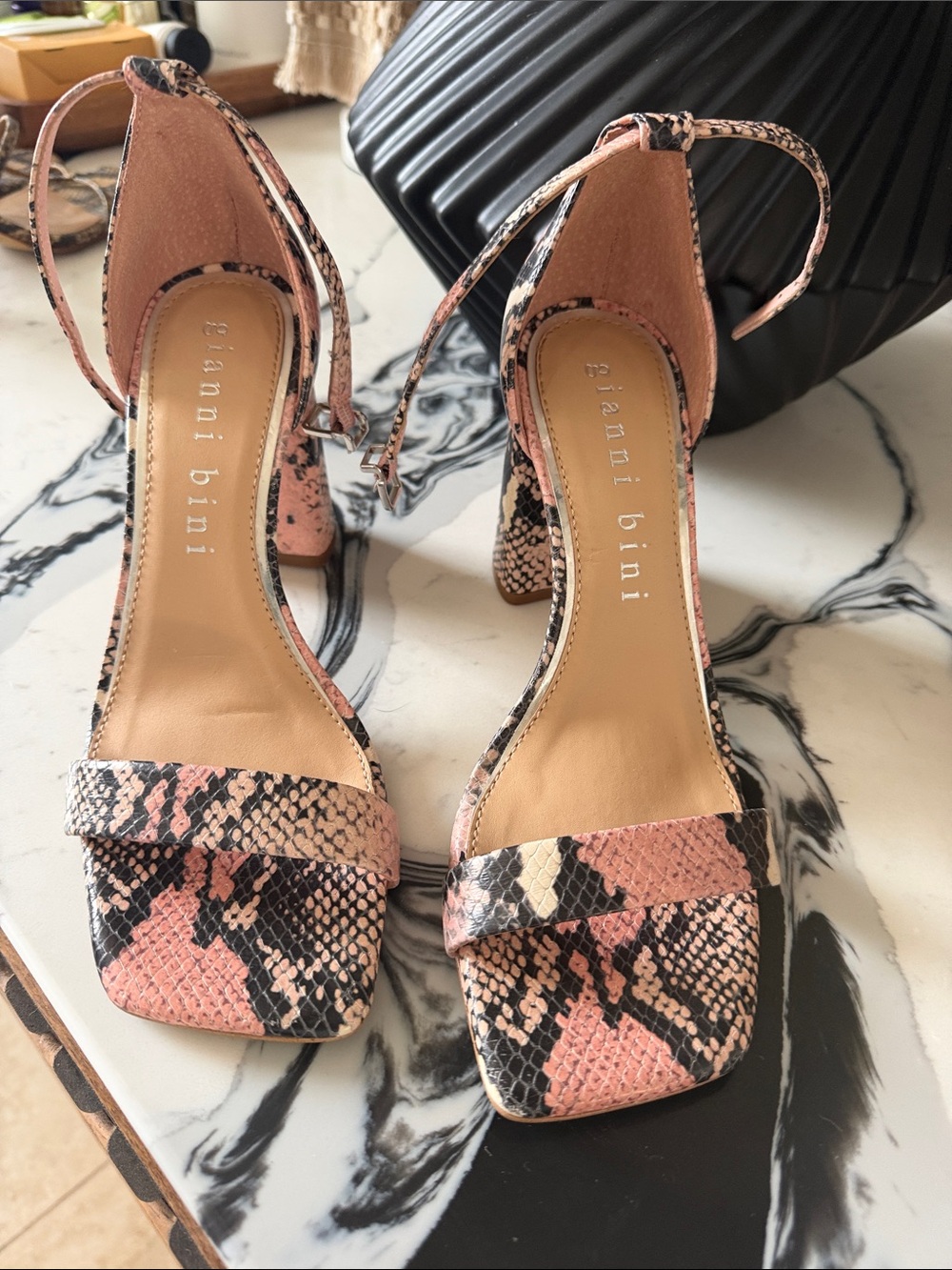 Gianni Bini Pink & Black Snake-Print Ankle Strap Block Heels